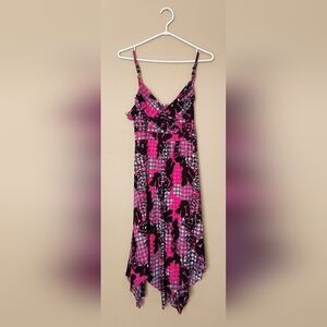 Shark Bite Pink/Black Dress Pleated Wrap Top Straps Hanky Hem Bead Accent Sz L